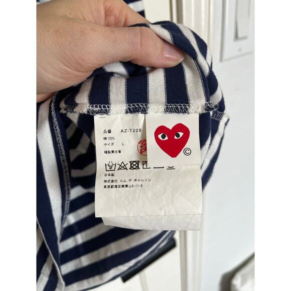 PLAY Comme de Garcons Striped Double Heart Long Sleeve Tee Large White Navy - Picture 6 of 9